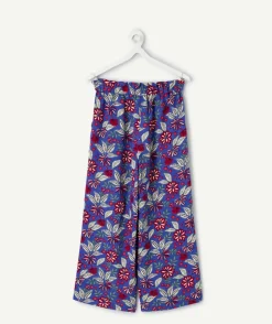 Pantalon fille large imprimé floral bleu