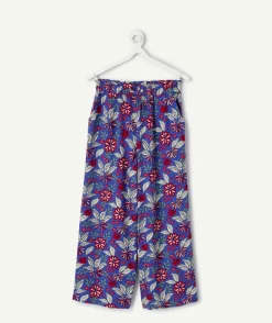 Pantalon fille large imprimé floral bleu