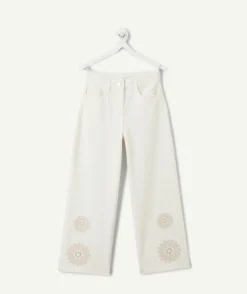 Pantalon fille large long broderies écru