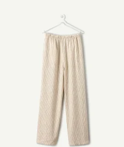 Pantalon fille large rayé beige