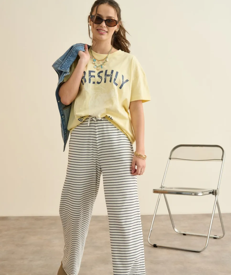 Pantalon fille large rayé blanc et bleu