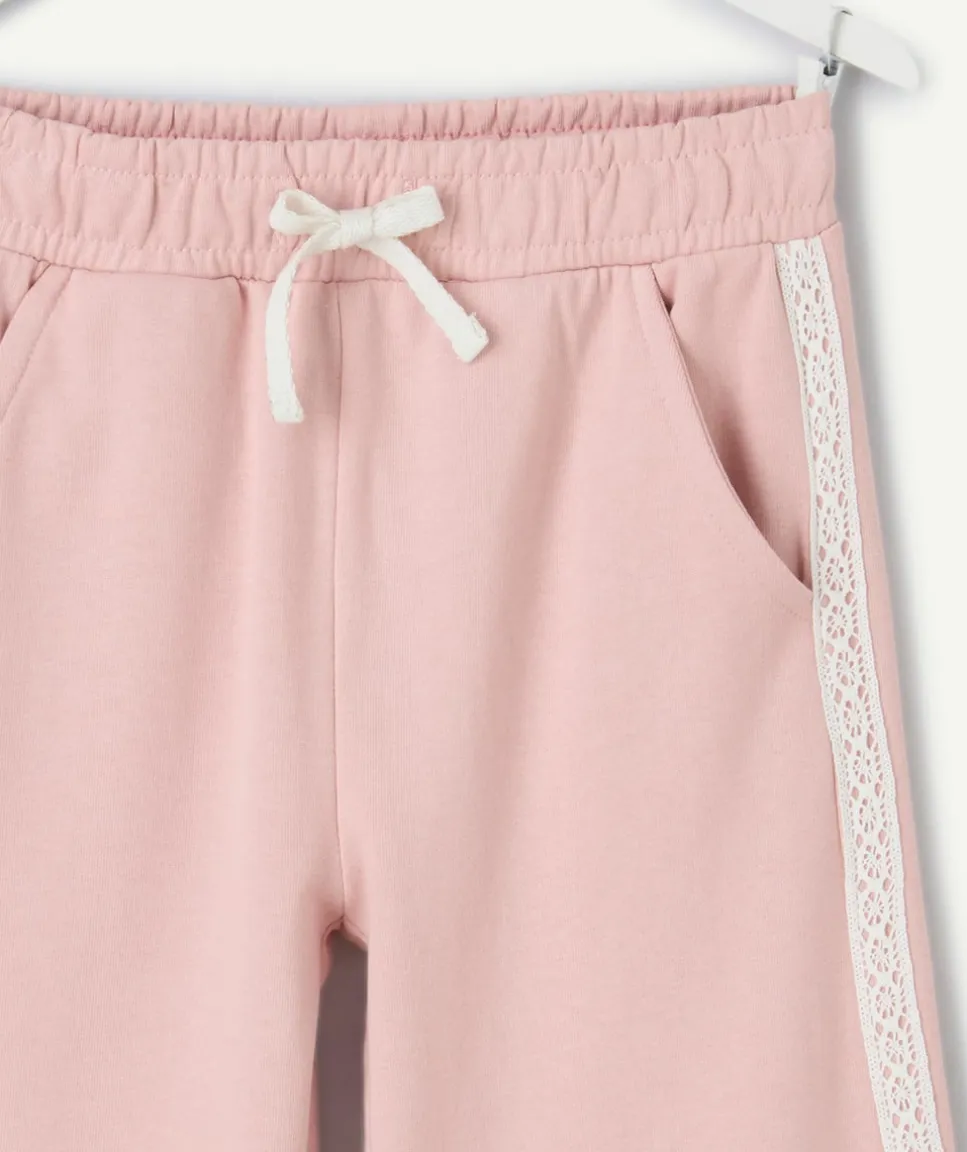 Pantalon fille large rose dentelle taille élastique