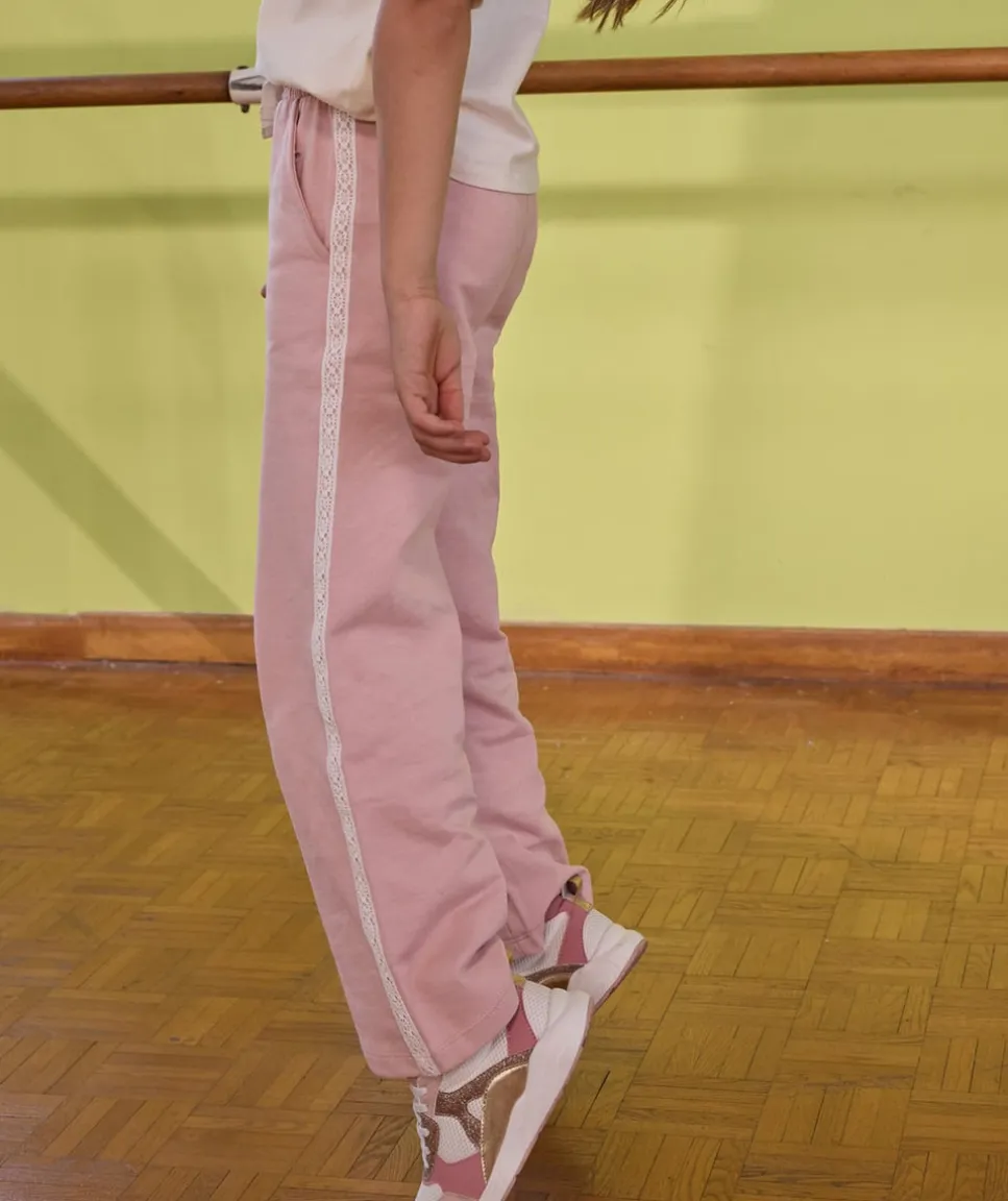 Pantalon fille large rose dentelle taille élastique
