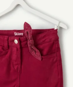 Pantalon fille skinny bordeaux ceinture fantaisie