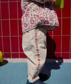 Pantalon large bébé fille écru broderies fleurs