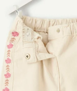 Pantalon large bébé fille écru broderies fleurs