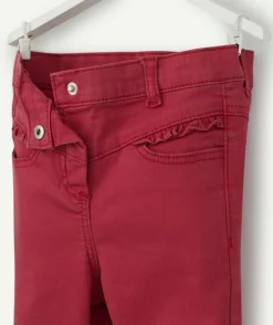 Pantalon slim bébé fille en denim rouge avec volants