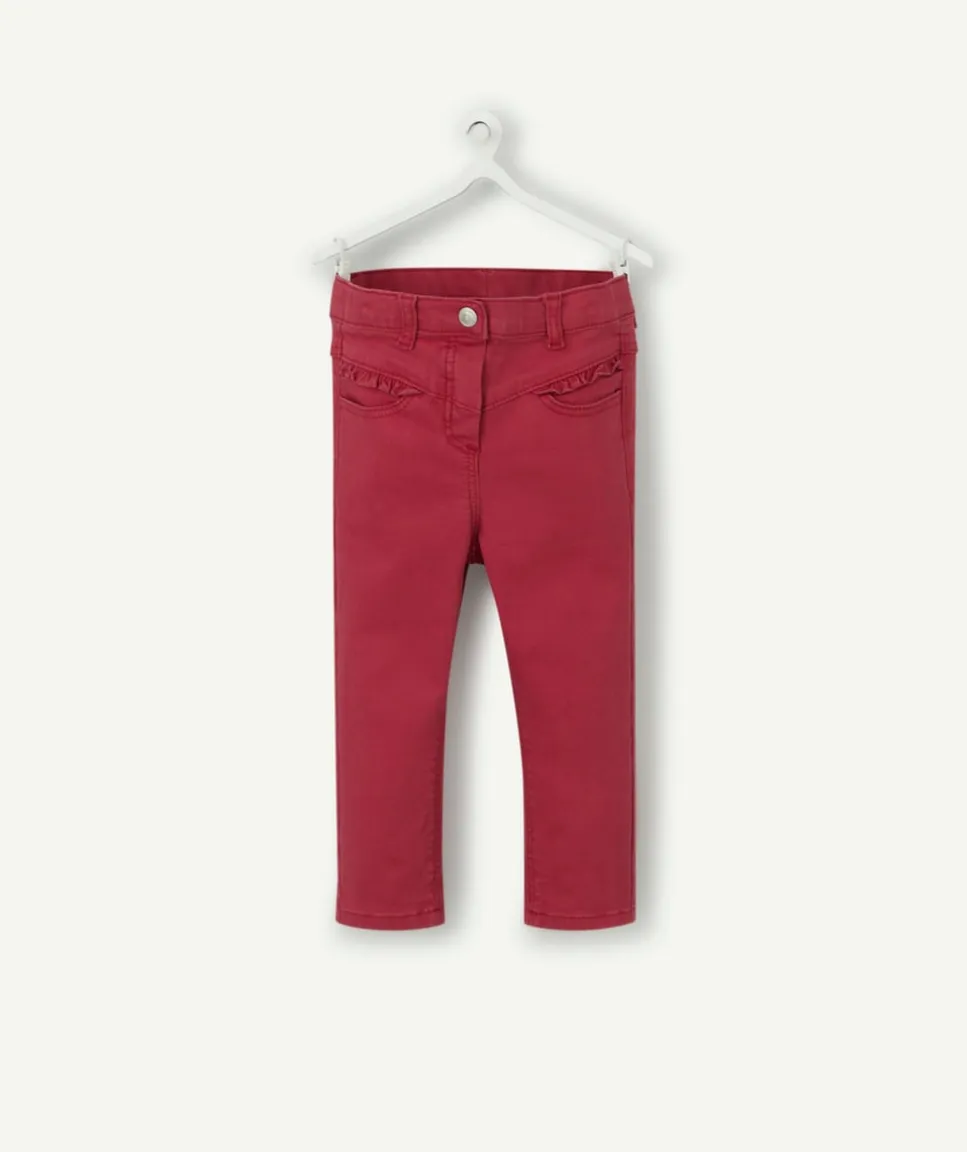 Pantalon slim bébé fille en denim rouge avec volants