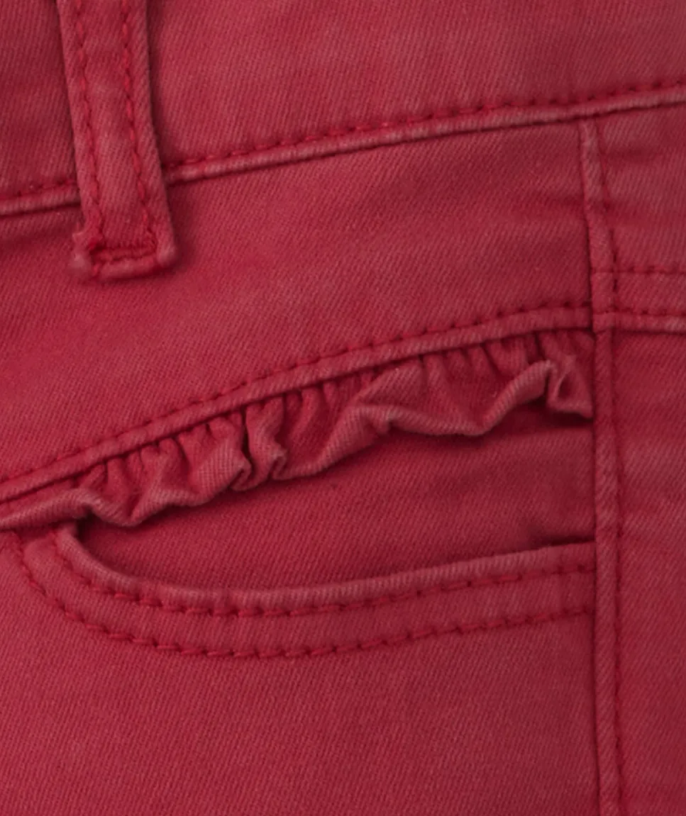 Pantalon slim bébé fille en denim rouge avec volants