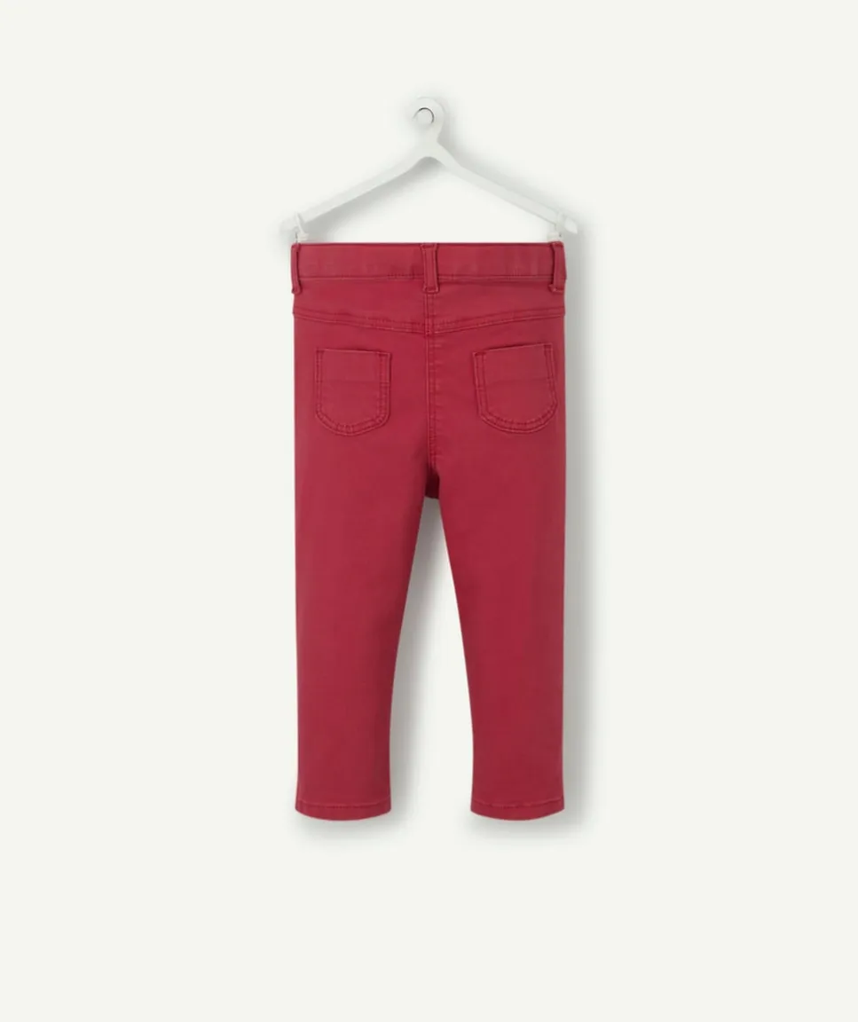 Pantalon slim bébé fille en denim rouge avec volants