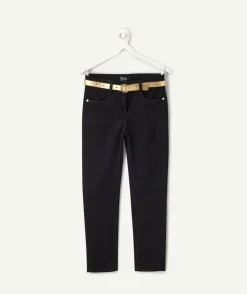 Pantalon slim fille noir ceinture couleur dorée