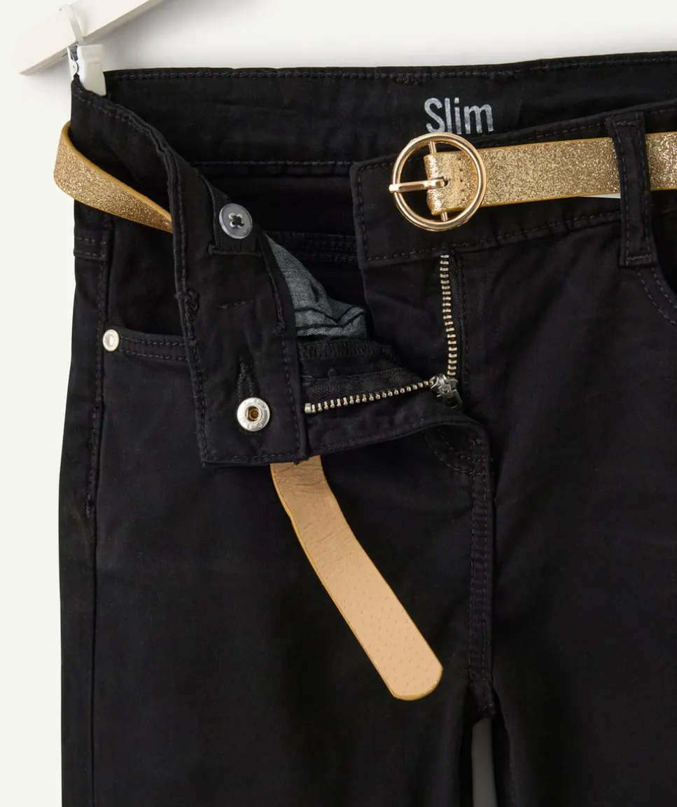 Pantalon slim fille noir ceinture couleur dorée