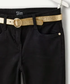 Pantalon slim fille noir ceinture couleur dorée