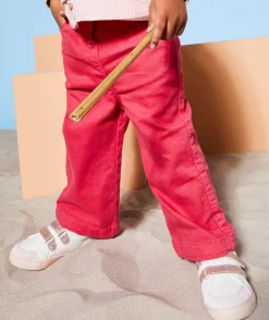 Pantalon wide leg bébé fille en denim lower impact rose avec ceinture