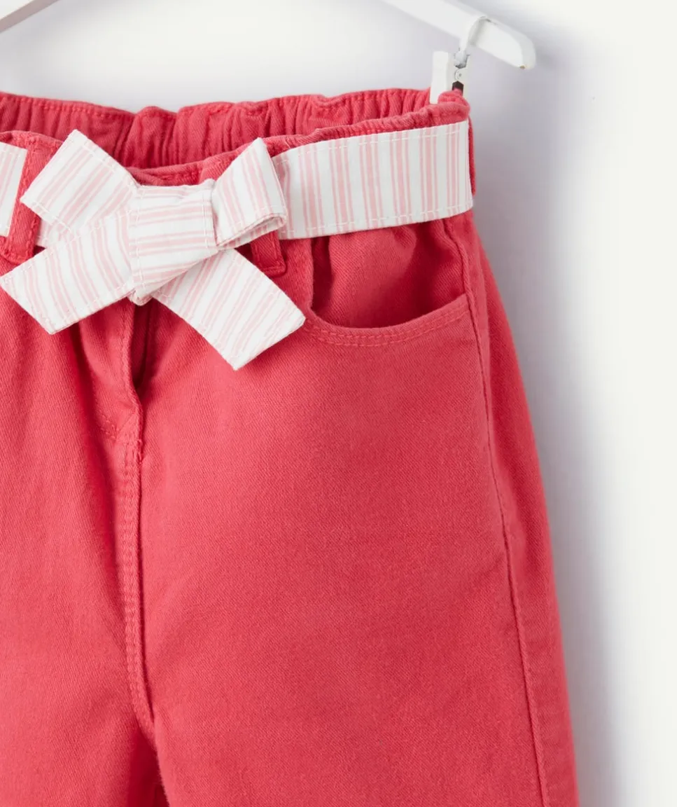 Pantalon wide leg bébé fille en denim lower impact rose avec ceinture