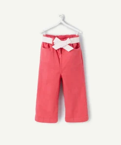 Pantalon wide leg bébé fille en denim lower impact rose avec ceinture