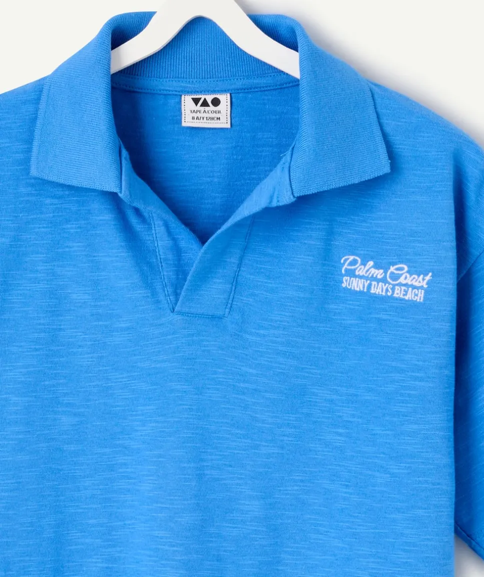 Polo garçon bleu imprimé texte