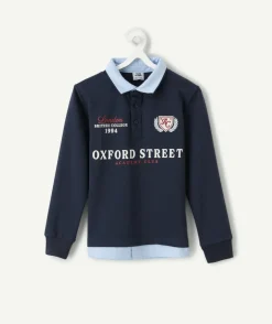 Polo manches longues garçon bleu imprimé