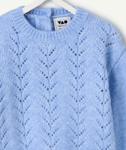 Pull bébé fille bleu en maille ajourée