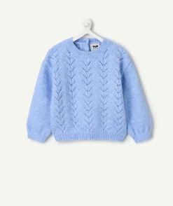 Pull bébé fille bleu en maille ajourée