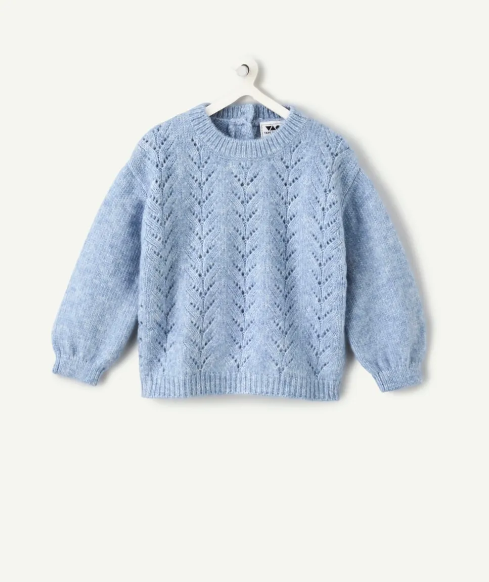 Pull bébé fille bleu maille ajourée
