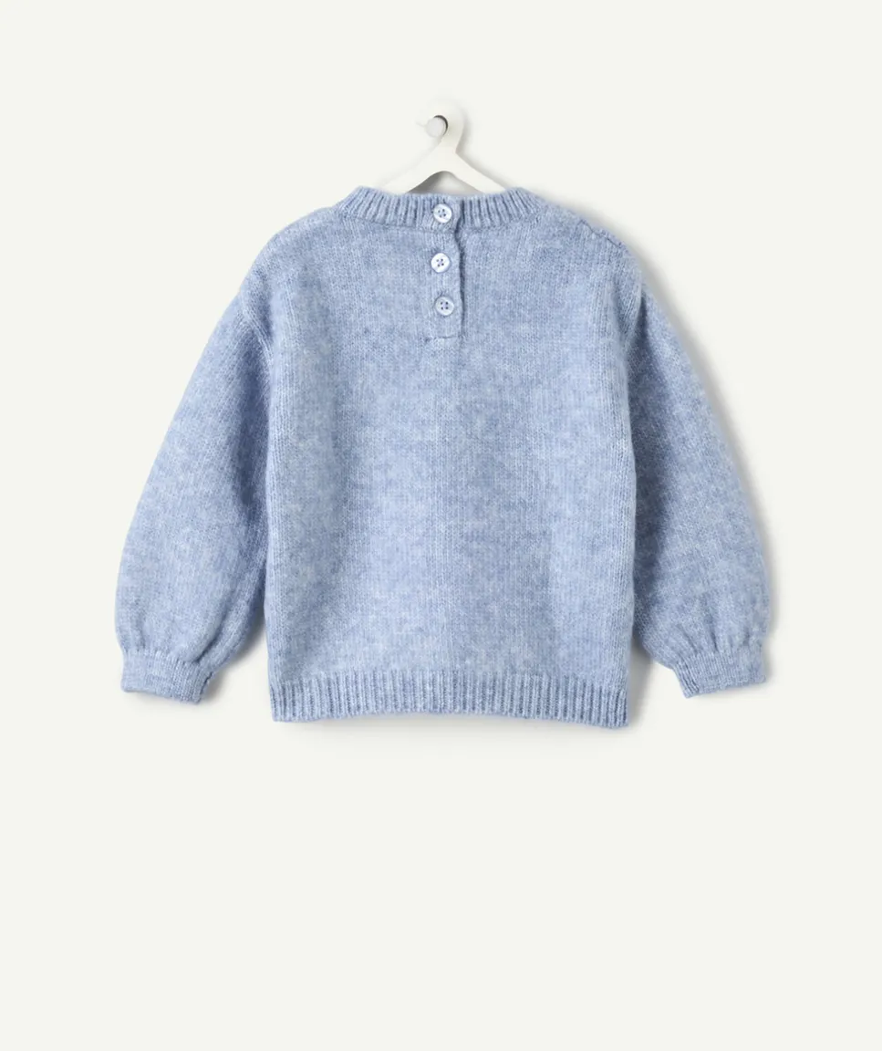 Pull bébé fille bleu maille ajourée