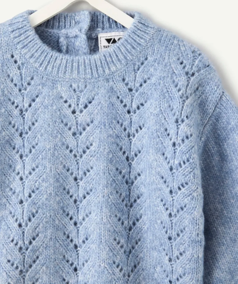 Pull bébé fille bleu maille ajourée