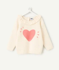 Pull bébé fille col volanté et imprimé cœur