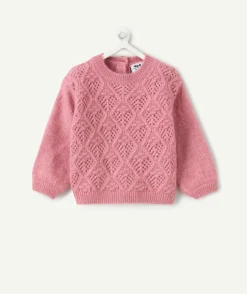 Pull bébé fille rose maille ajourée