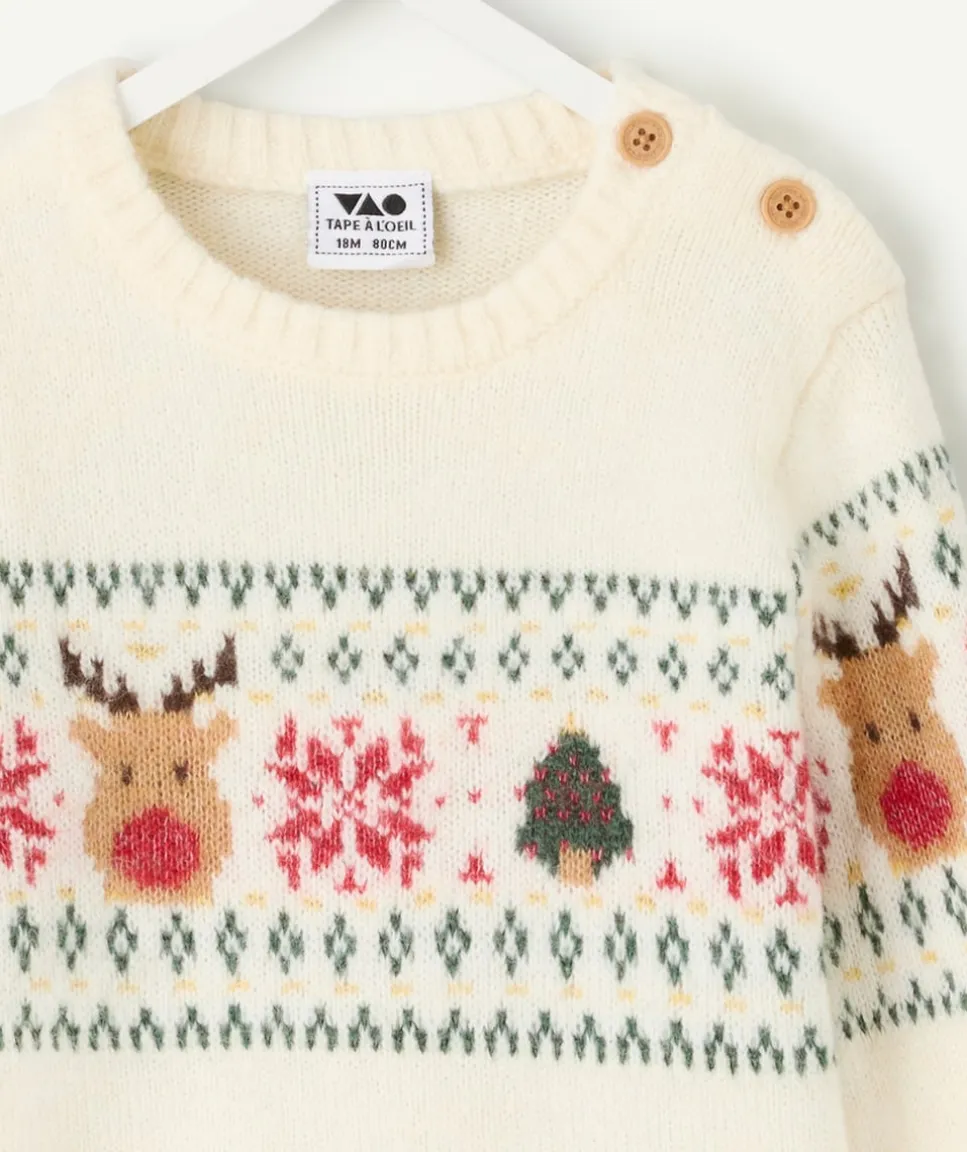 Pull bébé garçon en maille écru imprimé