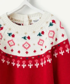Pull de noël en tricot bébé fille rouge et écru