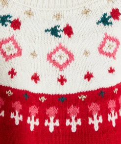 Pull de noël en tricot bébé fille rouge et écru