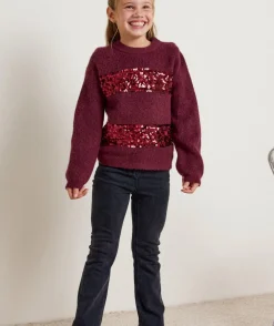 Pull fille bordeaux avec paillettes