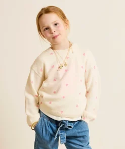 Pull fille coton écru imprimé cœur