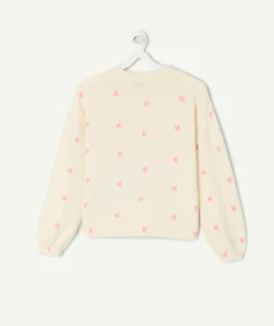 Pull fille coton écru imprimé cœur