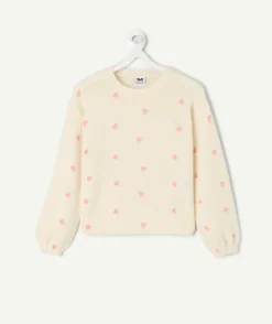 Pull fille coton écru imprimé cœur