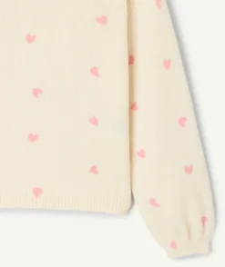 Pull fille coton écru imprimé cœur