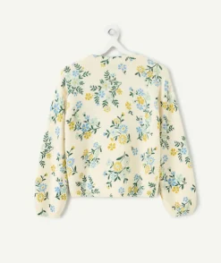 Pull fille droit écru fleuri