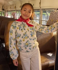 Pull fille droit écru fleuri