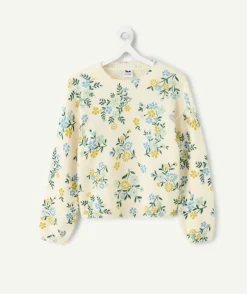 Pull fille droit écru fleuri
