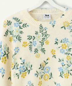 Pull fille droit écru fleuri
