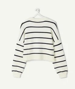 Pull fille droit écru rayé