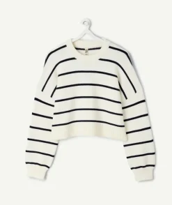 Pull fille droit écru rayé