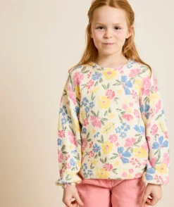 Pull fille à fleurs écru