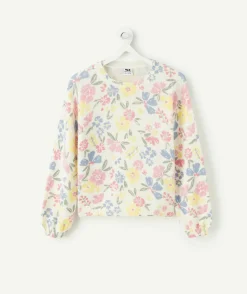 Pull fille à fleurs écru