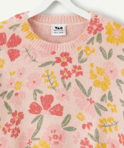 Pull fille à fleurs rose