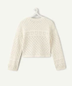 Pull fille maille ajourée écru