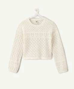Pull fille maille ajourée écru
