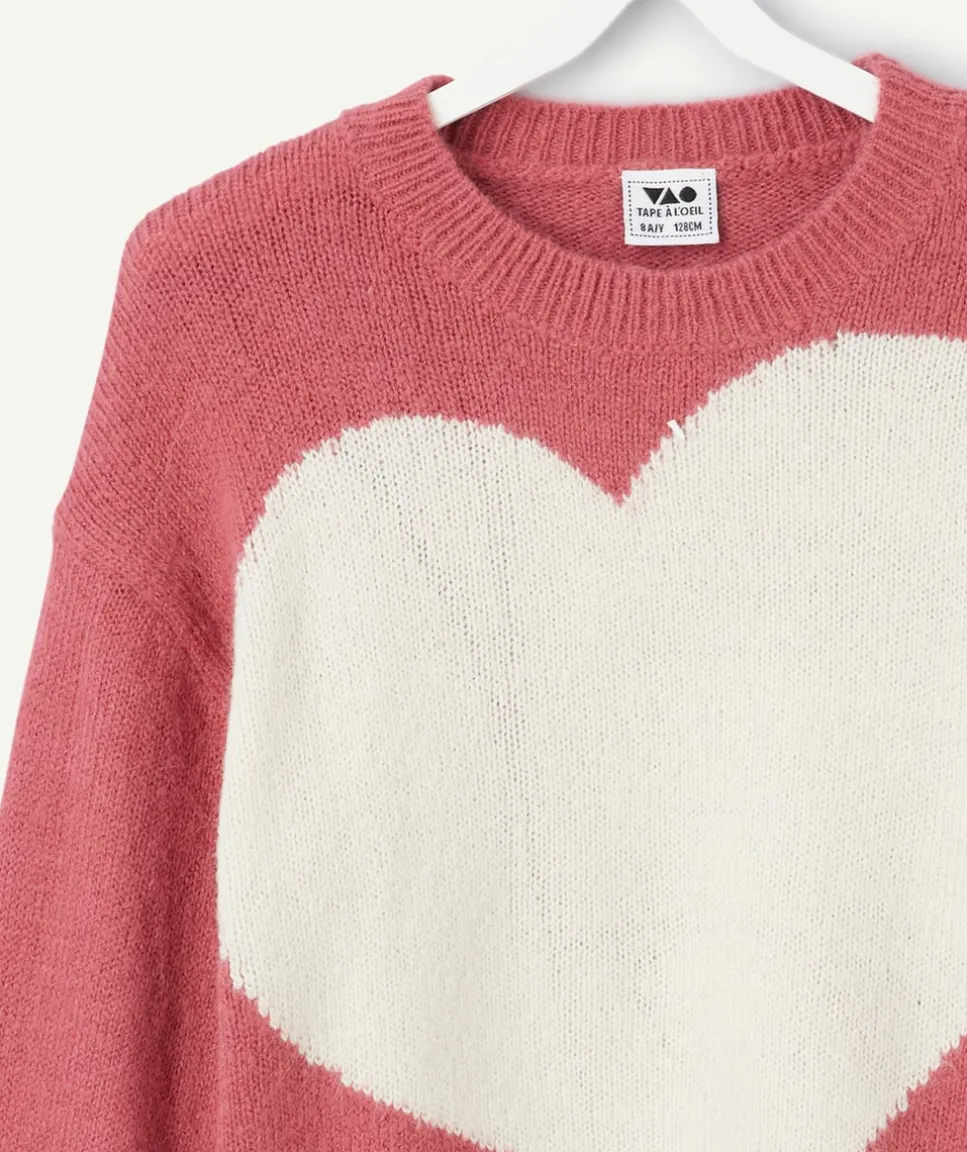 Pull fille rose avec cœur blanc