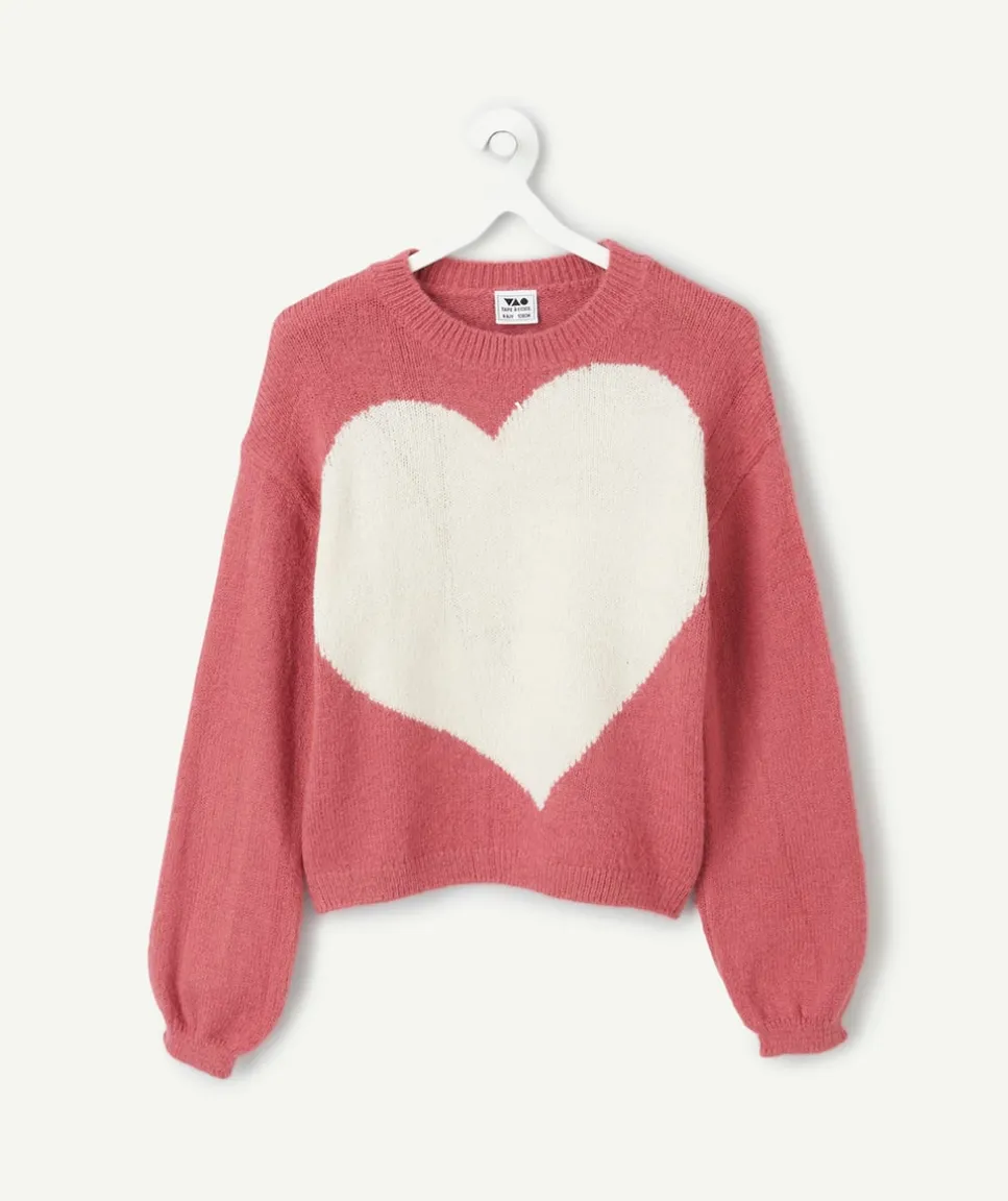 Pull fille rose avec cœur blanc